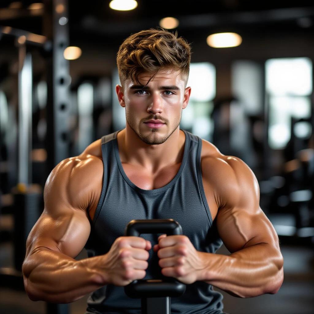 Muscular individual working out on a preacher curl machine. Tight gym tank top showcases defined arms. Modern gym background provides context. Intense lighting adds drama. Sweat visible on skin indicates effort. Focused expression amplifies dedication. Ultra-realistic fitness atmosphere.