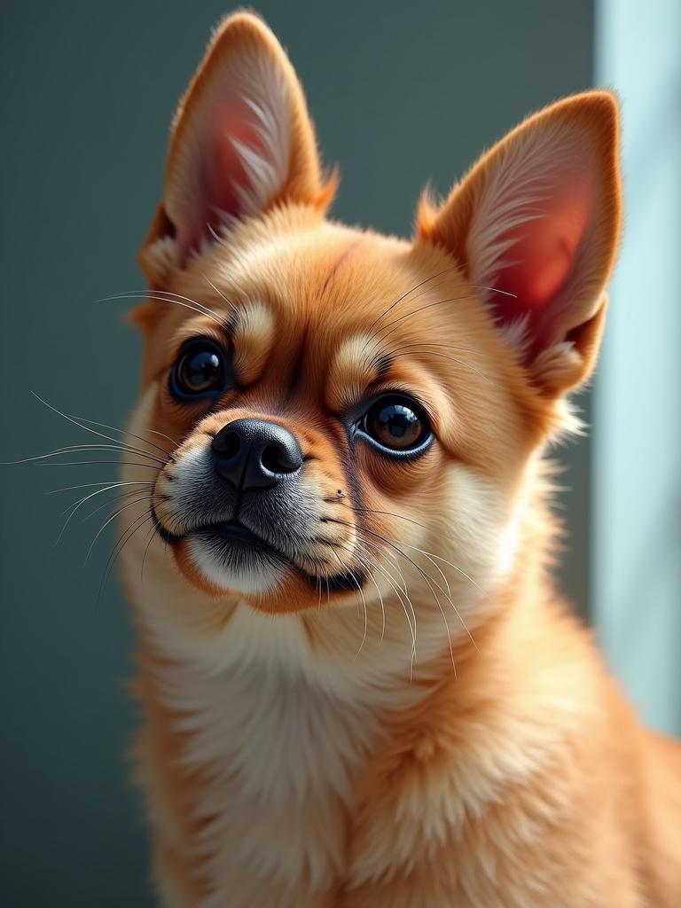 A photograph of a ginger pet with prominent ears. Soft natural light highlights the texture of fur and the colors of the environment. Ideal for a marketing campaign for buying pets or pet-related products.