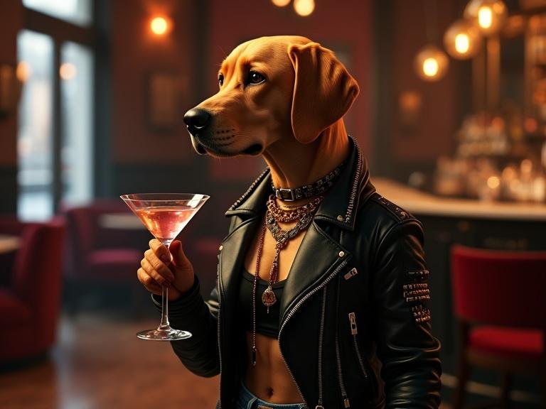 Cinematic 3D rendering of a caramel Labrador in punk rock attire. Dog wears black leather jacket, distressed skinny jeans, spiked collar. Background is a high-end cocktail lounge featuring a marble bar and velvet sofas. Soft warm lighting and moody atmosphere. Dog holds martini glass, chatting confidently with patrons.