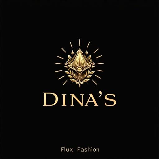 Black and golden logo design with a gem at the top of the word Dina's and decorative gems beneath it. Flux Fashion is the brand focus. Luxurious and stylish aesthetic.