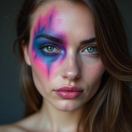 Portrait of a woman showcasing special effects makeup with vibrant colors on the face.