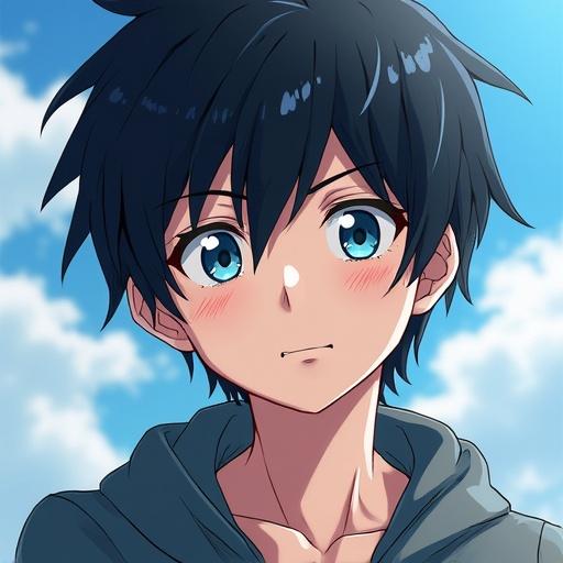 Anime style illustration of a boy with black hair and blue eyes. The character is youthful and expressive. Soft features are visible. Bright background enhances the character's appeal.
