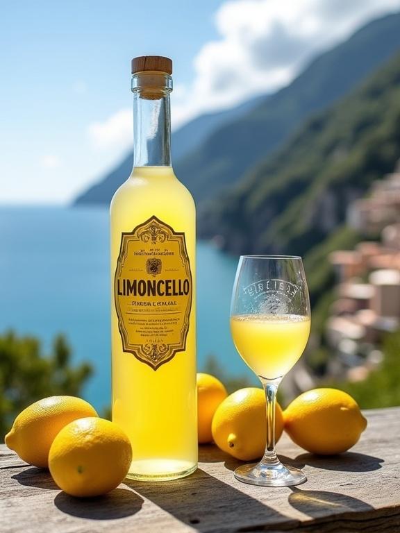 Bottle of limoncello and a glass against coastal backdrop. Clear glass bottle with pale yellow liquid. Ornate gold label saying 'LIMONCELLO'. Natural wood cap. Classic wine glass filled with limoncello. Bright yellow lemons around. Weathered wood table. Coastal village and blue sea in background.