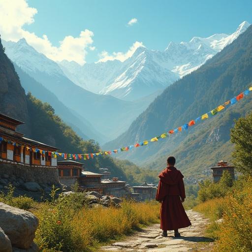 A vibrant ultra-HD 4K cinematic scene of a serene Tibetan village nestled in a lush valley. Snow-capped Himalayan peaks under a bright blue sky. Traditional houses with colorful prayer flags. Young Milarepa stands gazing at the horizon. Golden sunlight illuminates the landscape. Realistic 3D textures on stone houses, greenery, and grazing yaks. Alive with vivid colors and intricate details.