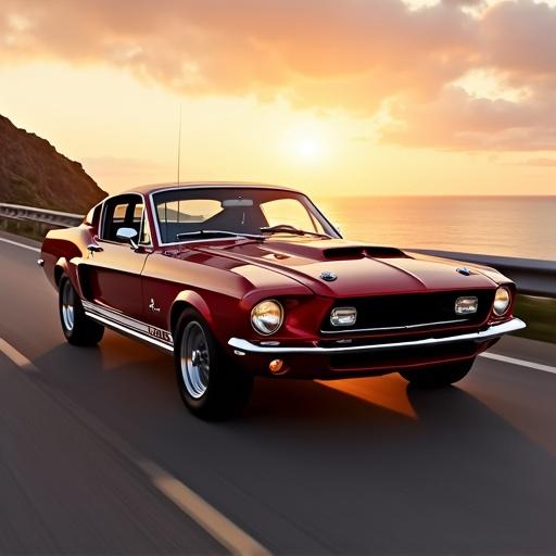 A cherry-red 1967 Ford Mustang Shelby GT500 driving along a coastal highway at sunset. Chrome details gleam in the warm light. The scene is photorealistic.