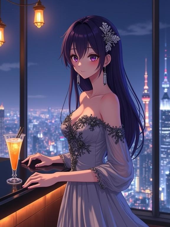 An elegant woman stands gracefully facing forward in a luxurious lounge. Inspired by anime character Hitagi Senjougahara. Long dark violet hair and expressive violet eyes. Wearing a shiny silver off-shoulder gown with floral embroidery. Silver kanzashi pins in her hair. Long earrings catch the light. Gold cocktail on the bar counter. Vibrant city skyline glows through a floor-to-ceiling window. Stunning detailing and cinematic lighting set a romantic mood.