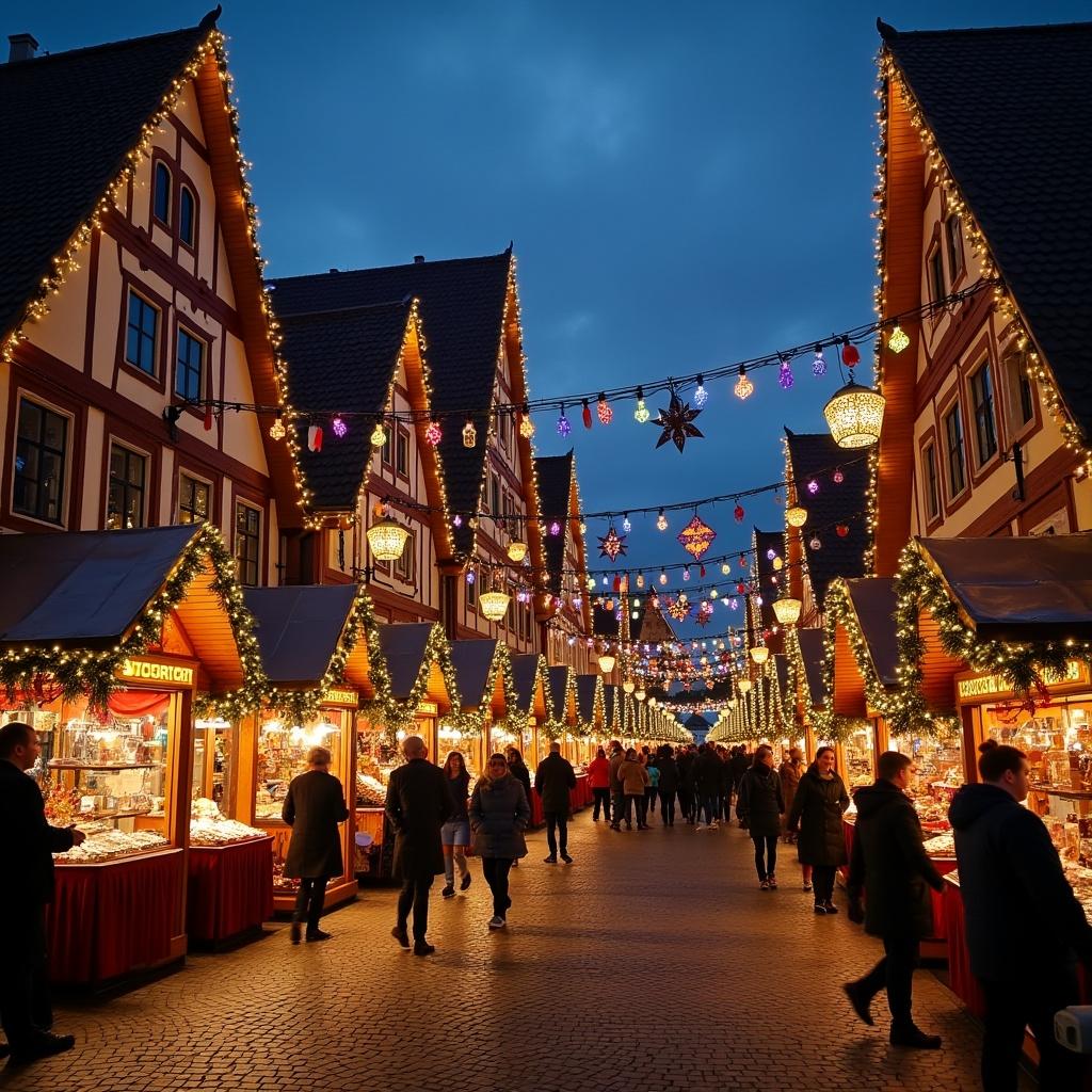 A Christmas market in Dresden, Germany. The market is filled with people walking around. Many stalls with festive decorations. The stalls display holiday treats and ornaments. The evening sky is dark blue. The scene is beautifully illuminated with warm lights.