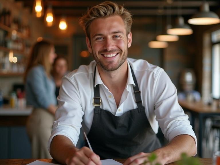 Blond male waiter smiles while taking order at a table. He has light hair, blue eyes. The setting is a cozy restaurant atmosphere.