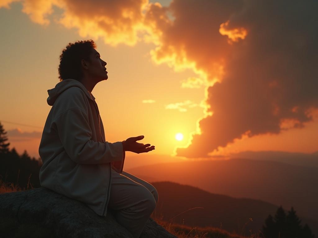 A person praying on their knees on a hill with hands together looking towards a celestial light. Expression of anguish and deep hope. Background shows a divided landscape with a smoky sky on one side and a soft, clean sunrise on the other, merging gently.