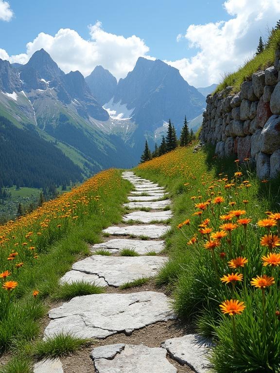 Scenic mountain landscape with stone path winding through grassy area. Irregularly shaped gray stones form rustic uneven surface. Vibrant orange wildflowers surround path. Rocky mountains with snow patches in background. Bright blue sky with white clouds. Stone wall of rounded gray boulders on path's right side. Lush green meadows and forests add depth to scene.