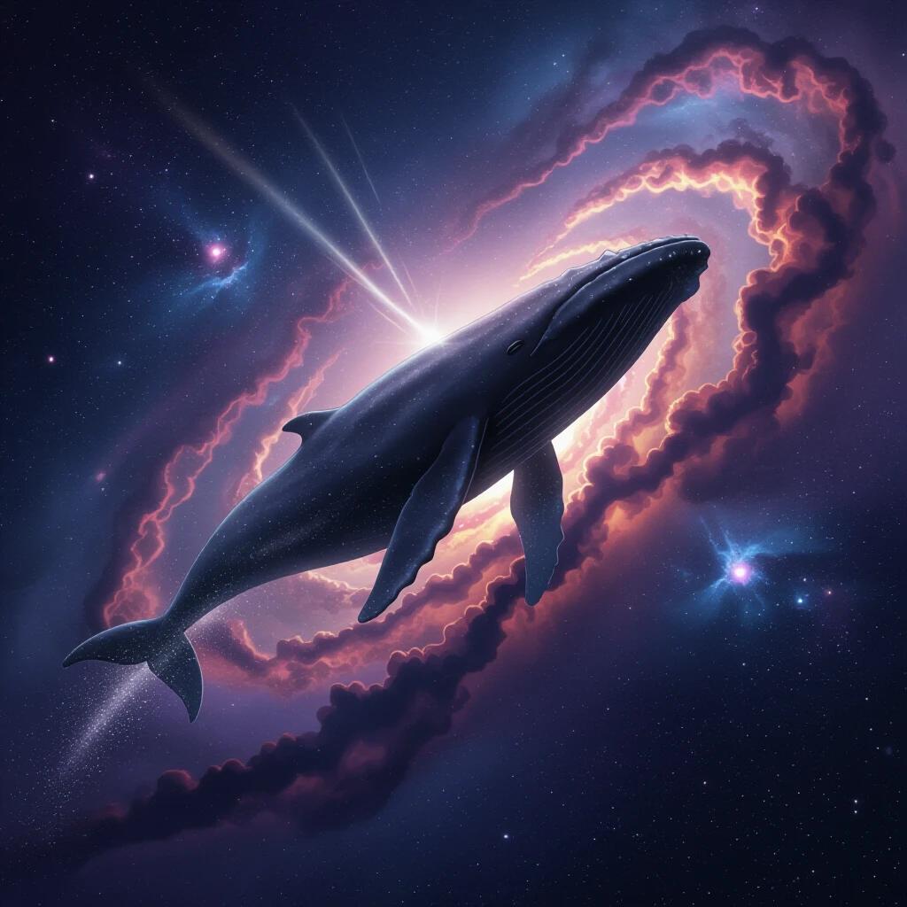 An illustration of a large whale breaching through a colorful nebula storm in space. The whale is depicted against a backdrop of swirling cosmic clouds and stars. The scene evokes a sense of wonder and connection between the ocean and the universe.