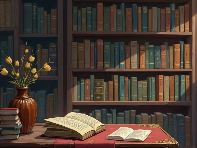 Cozy library scene with sunlight. Beautifully arranged books on shelves. An open book on a wooden table. A vase with flowers complements the setting. Elements evoke a sense of tranquility and knowledge.