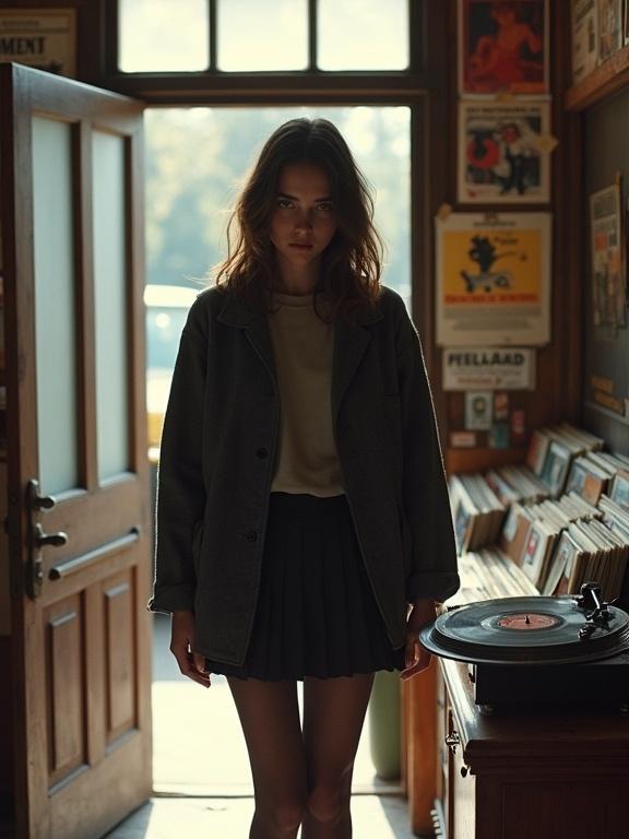 Teenage girl enters vintage record store. Door swings behind her. Soft sunlight spills into the room. She has expressive eyes. Brunette hair in loose waves. Black pleated mini skirt and oversized gray jacket. Rows of vinyl records and faded posters around her. Vintage turntable hums.