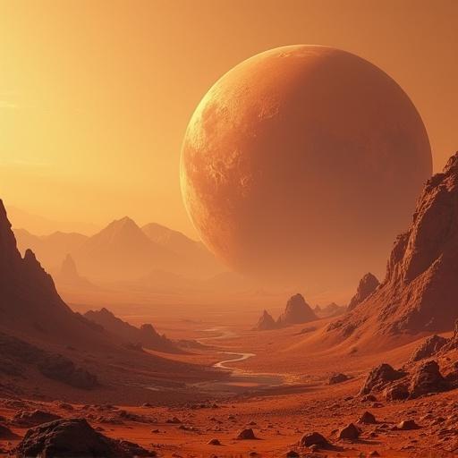 Imaginary landscape of Martian terrain with distant planet. Rocky mountains, valleys, and soft warm lighting creating an alien atmosphere.