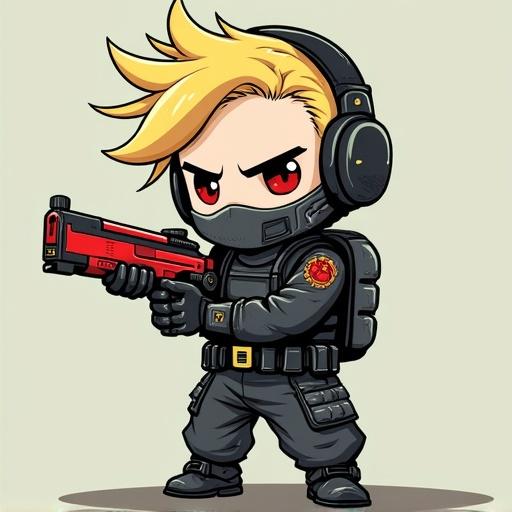 Plasma Punk Chibi character armed with a shotgun. Character features blonde hair, black-gray outfit, red eyes. Dull-green background. Chibi style emphasizes cuteness and action.