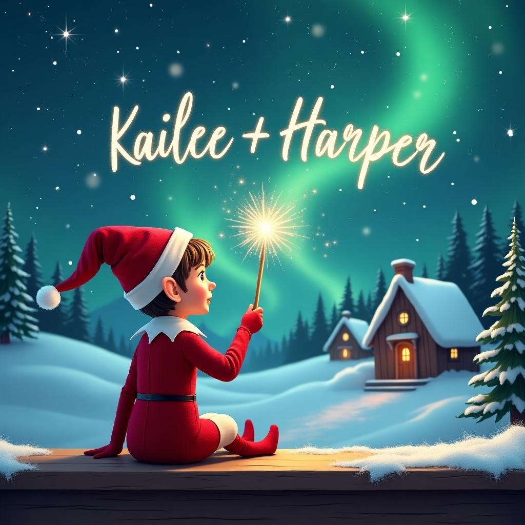 An elf dressed in a red outfit sits on a ledge. The elf gazes at a magical sky and holds a sparkling wand. The elf writes the names 'Kailee' and 'Harper' in the sky. The background shows a snowy landscape with houses and evergreen trees under Northern Lights. Whimsical essence of childhood magic is captured.