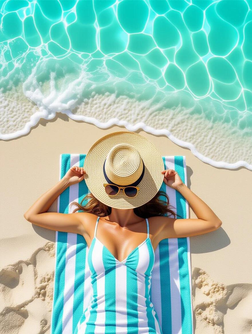 High angle photorealistic image of a woman lying on a beach towel with a straw hat and sunglasses on golden sand near turquoise water. Summer vacation vibe with soft shadows and realistic texture details.