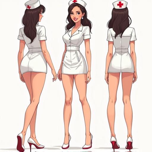 Comic concept art of a nurse character presented in multiple angles. Character has a flirty appearance. High heels and sultry pose are emphasized. Focus on playful and confident demeanor.