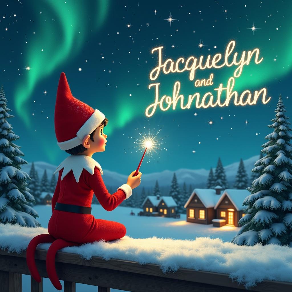 An elf sits on a wooden ledge with its back to the camera, gazing at a magical sky. The elf, dressed in a red outfit with a pointed hat, holds a sparkling wand. With the wand, the elf elegantly writes the names 'Jacquelyn’ and ‘Johnathan' in the starry sky. The background features a snowy landscape with charming little houses and evergreen trees under the shimmering Northern Lights. This whimsical scene captures the essence of childhood magic and Christmas cheer.