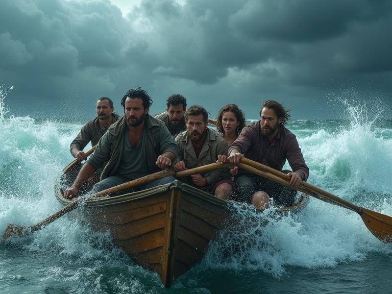 A diverse group of adults tightly packed in a small wooden boat. The scene depicts a stormy sea with tall crashing waves. Dark storm clouds cover the sky with strong winds. The group shows fear, determination, and struggle. Some row while others grip the boat's edges. Water splashes dramatically around them. Cinematic lighting emphasizes wet skin and soaked clothing.