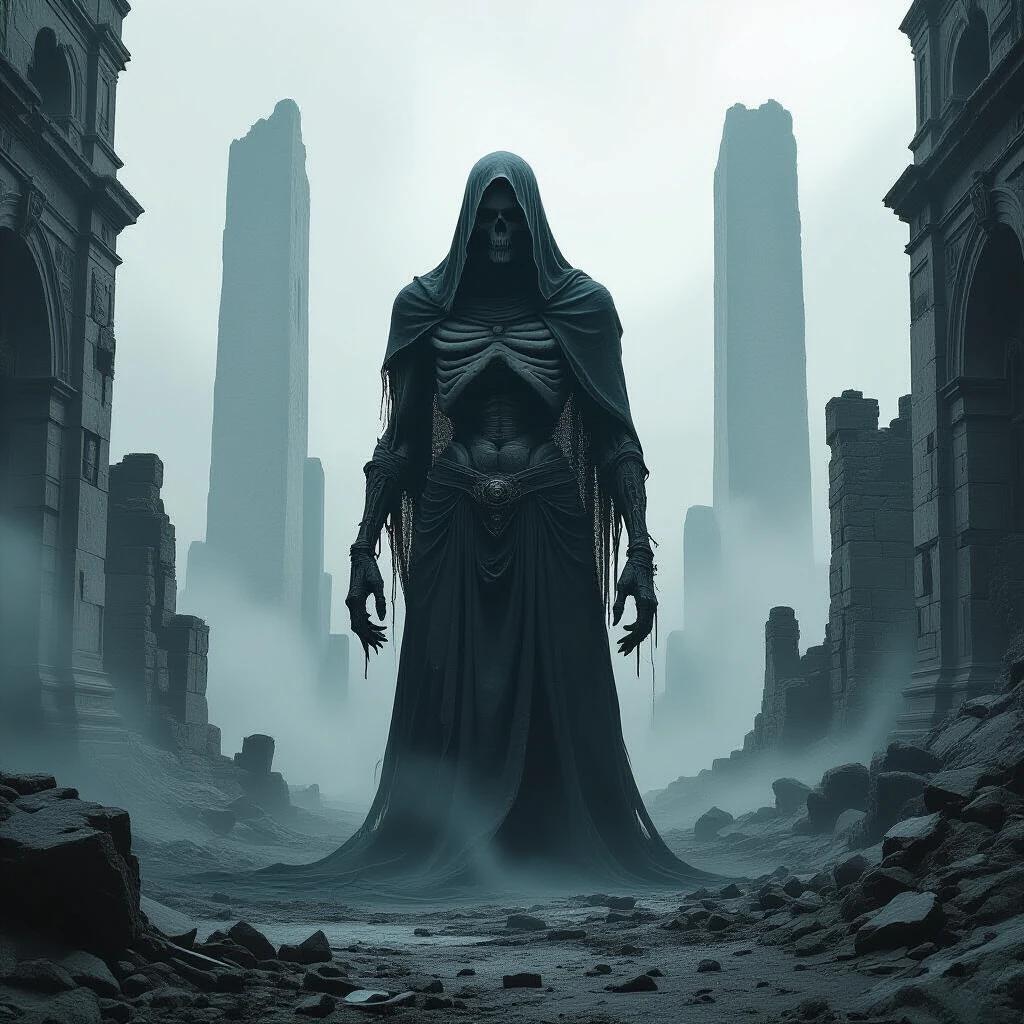 Grotesque humanoid figure with distorted anatomy surrounded by decaying gothic architecture and skeletal ruins. Towering monolithic structures in the distance. Low angle perspective with surreal posture shrouded in mist. Dim ambient lighting in foggy background. Ash-covered ground in eerie silence. Highly detailed textures with painterly brushwork and dreamlike haze. Unsettling mood with atmospheric distortion.