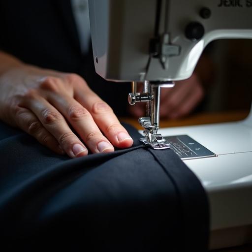 A tailor's hand guides black suit fabric under a sewing machine needle. The focus is on the connection between hand machine and material. Premium tailoring aesthetics and high realism are evident.