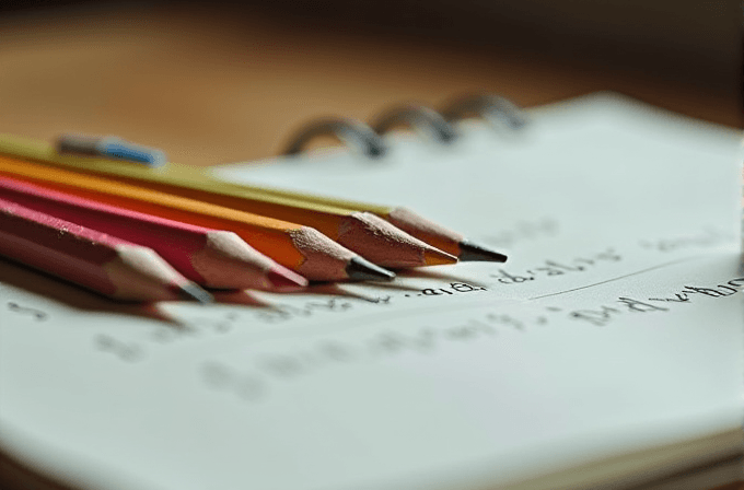 Five colorful pencils rest on an open notebook with handwritten text.