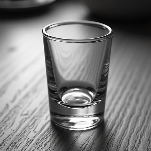 Upside down shot glass on a wooden table in black and white photography.