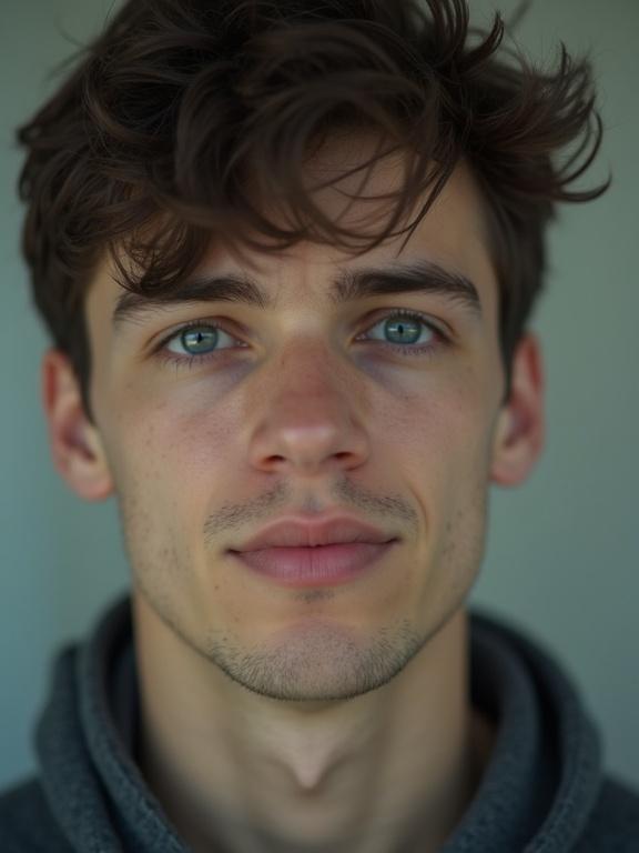 Candid low-quality portrait photo of young man. Natural unposed expression. Head and shoulders shot from slight distance. Looks like digital identity or AI avatar. Subtle digital shimmer in eyes. Captured with cheap smartphone camera. Noticeable digital noise and grain. Slight motion blur and imperfect focus, especially edges. Slightly muted colors. Taken indoors under normal uneven ambient lighting. Vertical frame.
