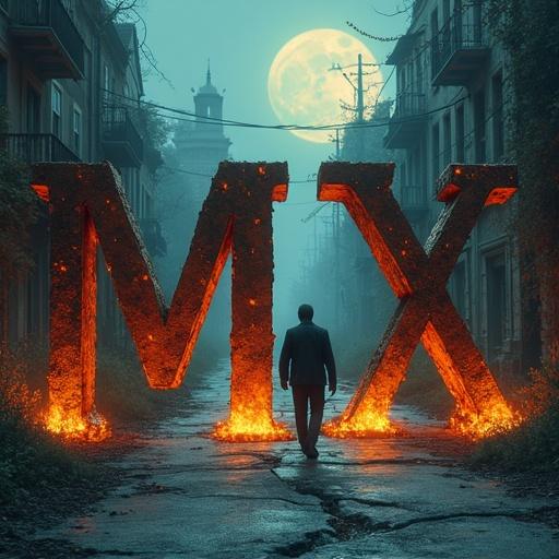Digital illustration of weathered iron letters spelling out MX Media with glowing embers. Letters are on a cracked road in an abandoned city. City is overgrown and crumbling. A figure walks down the road against the fiery text and ruins. Scene is lit by glowing embers and moonlight.