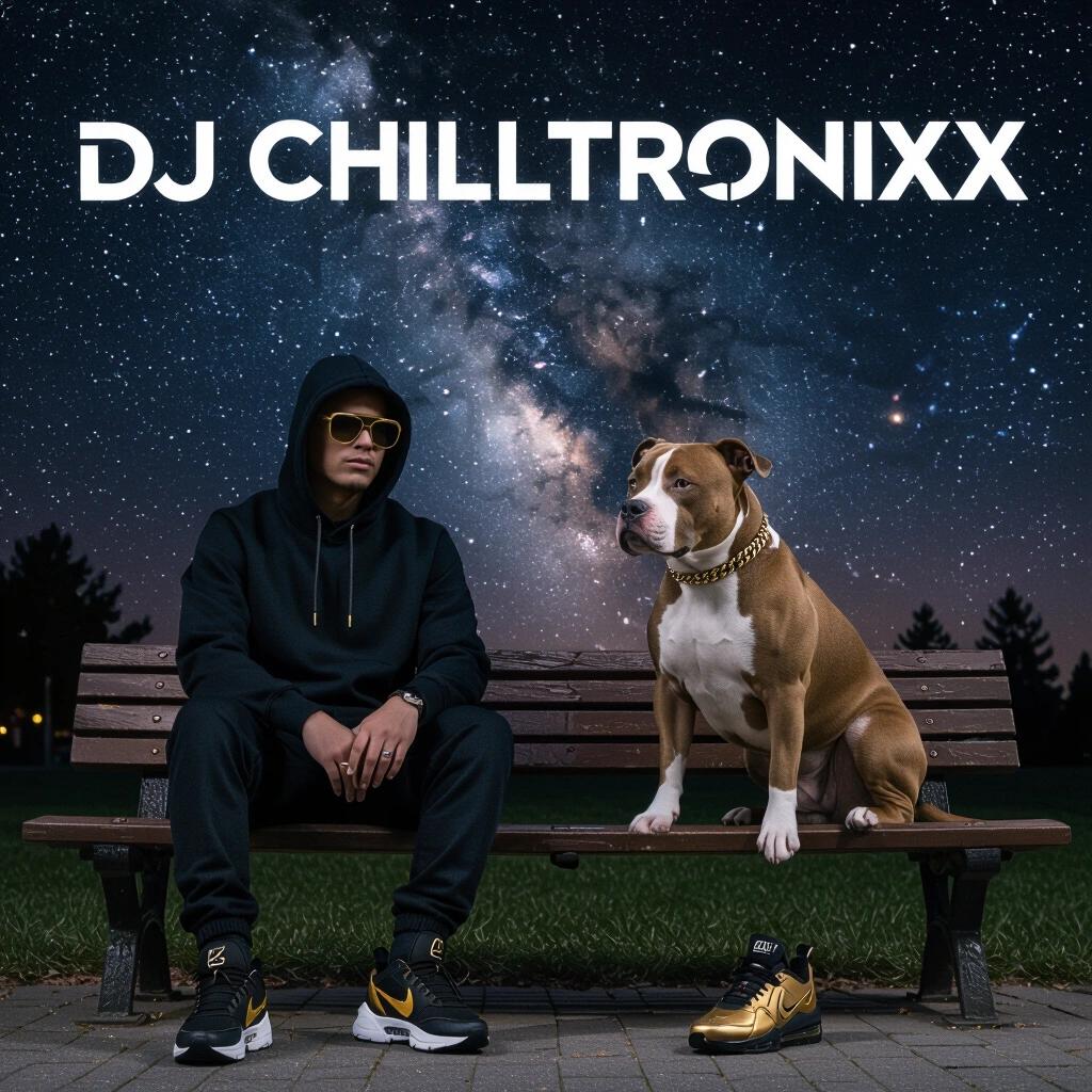 Photo features a pitbull and a person in stylish attire. The person wears black and gold Nike Air Max sneakers. They sit casually on a park bench. The background showcases a dark nebula filled sky. Album cover includes text DJ Chilltronixx.