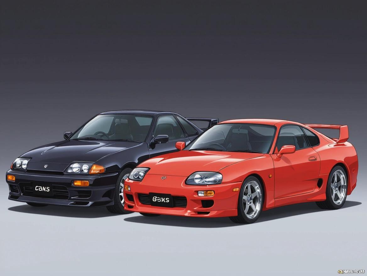 Anime style illustration of two iconic cars. Black Toyota Supra MK3 with human facial features. Red Mazda RX-7 also with human-like elements. Captured in a dynamic stance. Both positioned side by side with a minimalist background.
