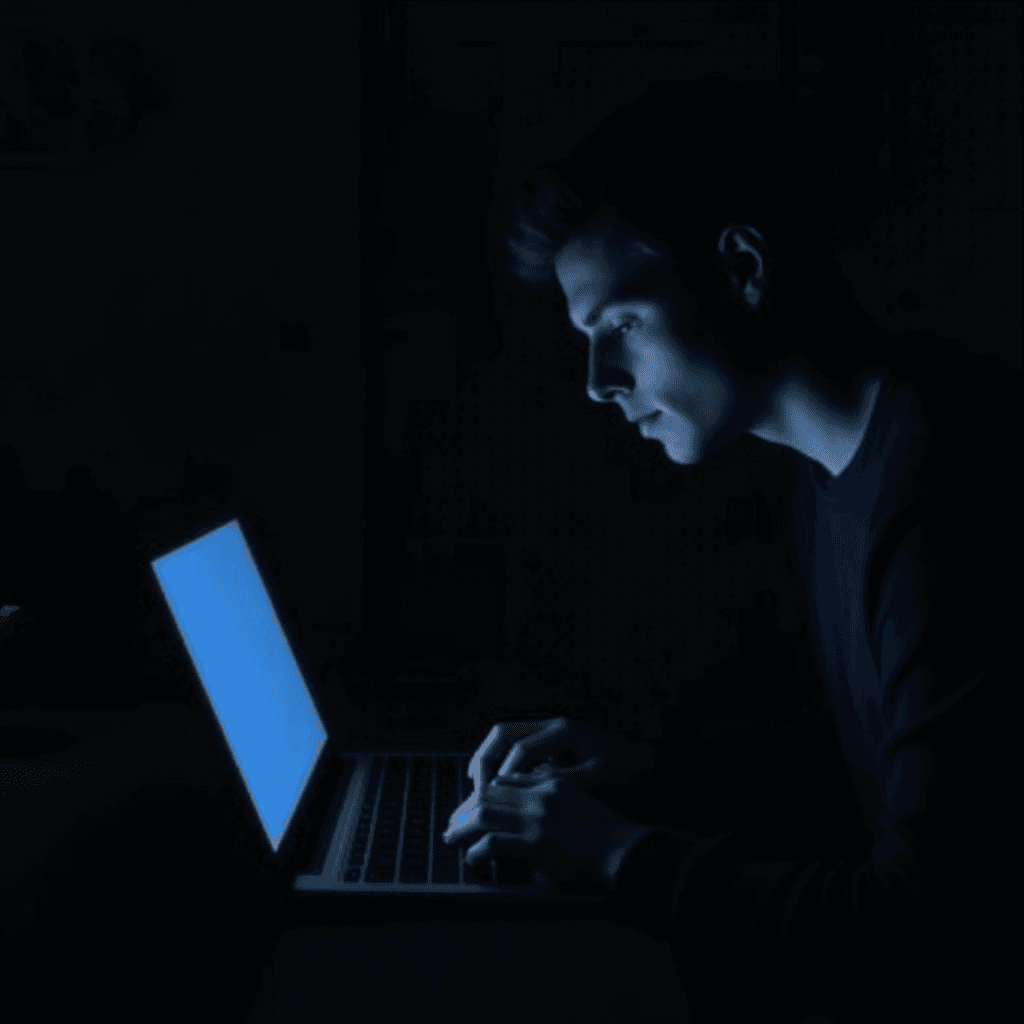 The image depicts a young person intently engaged with their laptop in a dark setting. The room is dimly lit, with the laptop screen being the primary source of light, casting a bluish glow on the individual. The atmosphere appears to be quiet and immersive, suggesting late-night work or study. The person is wearing a dark-colored shirt, which blends into the shadows, enhancing the focus on their concentrated expression and the screen's glow.