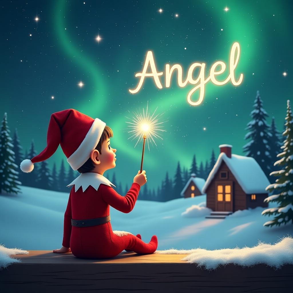 An elf sits on a wooden ledge with its back to the camera, gazing at a magical sky. The elf is dressed in a red outfit with a pointed hat and holds a sparkling wand. With the wand, the elf is elegantly writing the name 'Angel' in the starry sky. The background features a snowy landscape with charming little houses and evergreen trees. The scene is illuminated by the shimmering Northern Lights, capturing the essence of childhood magic and Christmas cheer.