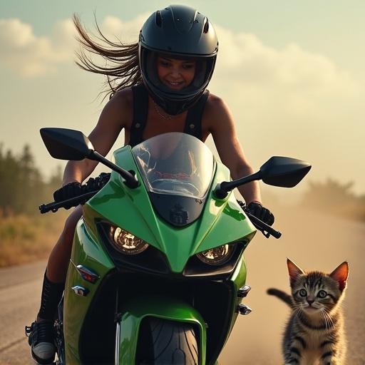 Beautiful teen girl riding a Kawasaki Ninja motorcycle. A cute, scared kitten is behind her on the road. Bright daylight setting with trees in the background.