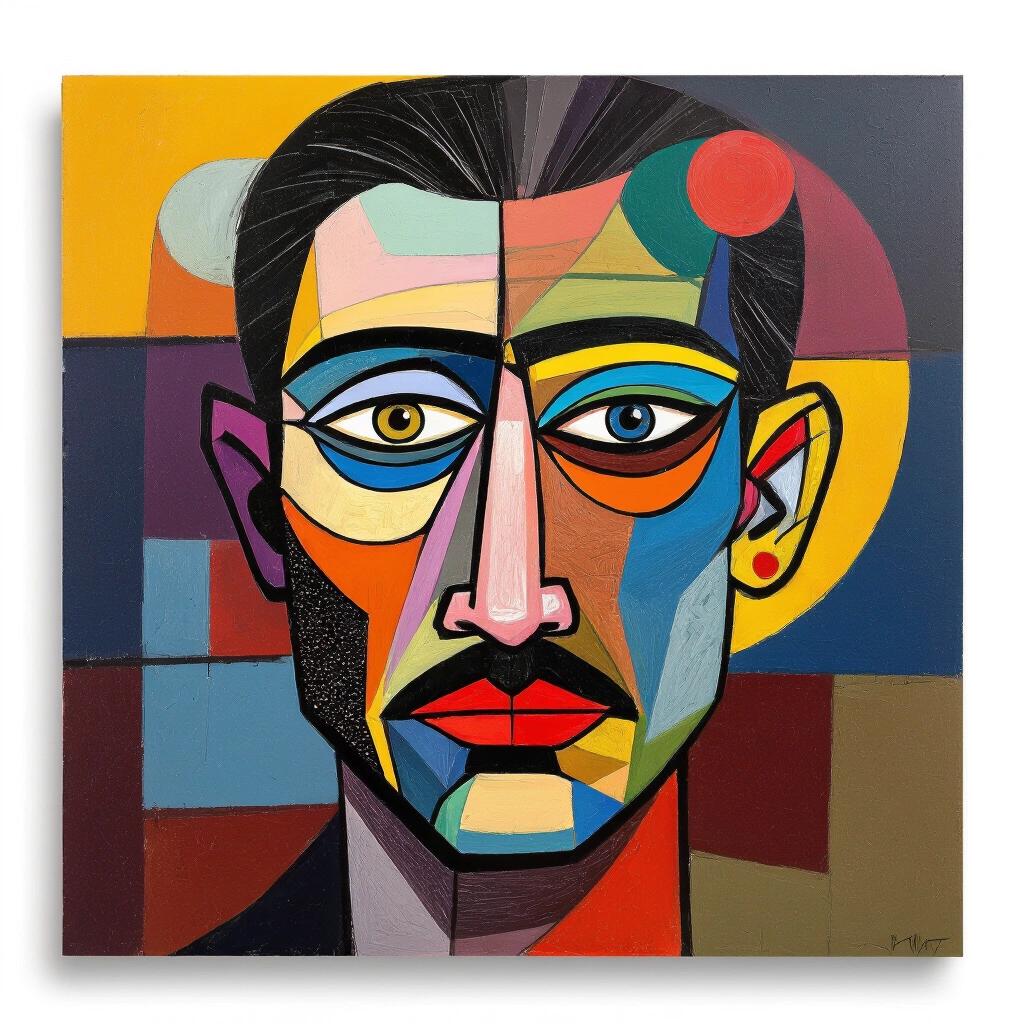 Unique modern art featuring a colorful portrait with abstract shapes and vibrant colors. The subject has a strong facial expression and geometric elements.