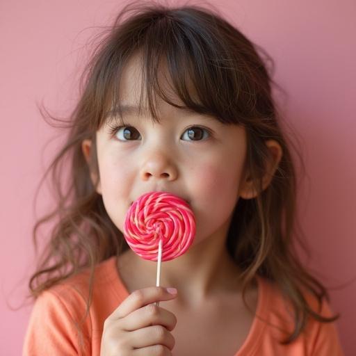 Girl with twirled pink lollipop looks playfully at the camera. Hair styled loosely; wearing an orange top against a pink background.