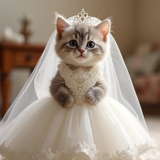 A cat smiles adorably wearing a white bridal dress with a tiara and veil. The background suggests a cozy indoor setting with soft colors.