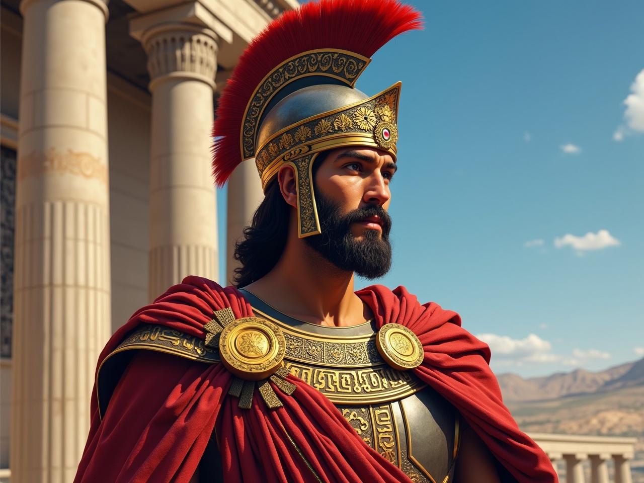 Create a highly detailed and colorful portrait of Eucratides I, the Hellenistic king of the Greco-Bactrian Kingdom. Depict him with a commanding and regal presence, wearing traditional Hellenistic royal attire, including a richly embroidered cloak fastened with a golden clasp, and a tunic adorned with intricate patterns representing his era. His headgear should be a Boeotian-style helmet, metallic and highly ornate, featuring a prominent plume and detailed decorative engravings. His skin tone should reflect a Mediterranean complexion, with slightly olive hues and realistic texture. The background should evoke a classical Hellenistic atmosphere, including elements like marble columns, an open blue sky, or an expansive landscape.