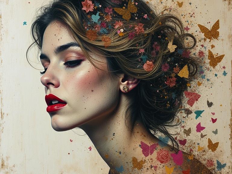 A woman's profile surrounded by flowers and butterflies. Double exposure technique showcases vibrant colors and mixed media elements. Textured materials like newspaper and jute add depth. Composition feels magical and evocative.