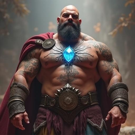 Dwarven barbarian celebrates victory. Muscular and shirtless. Arena setting. Crystal gem embedded in chest. Glowing with silver veins. Crystal nipples.