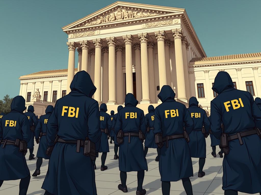 Cartoon of hooded FBI agents. Agents storm into the Supreme Court. Supreme Court judges in danger. Action-packed scene. Emphasis on drama and tension.