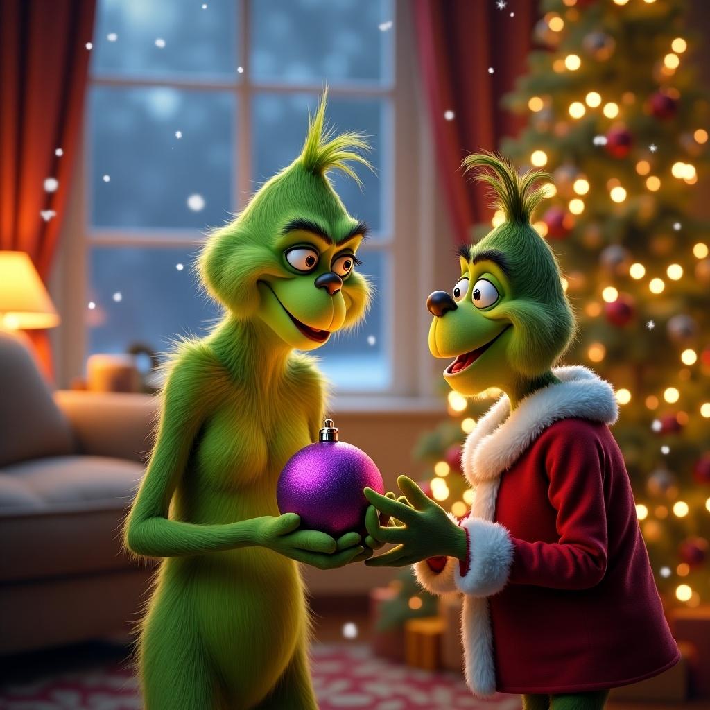 Grinch holding a purple ornament in a cozy indoor setting with a Christmas tree.