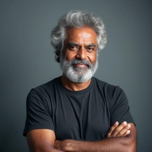 Headshot of a middle-aged Indian man with grey hair. He has a confident smile and crossed arms. He is wearing a black t-shirt. The background is a neutral color. This man represents the software field and has a professional demeanor.