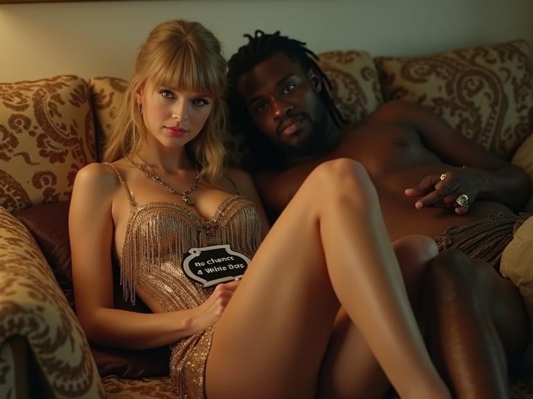 Taylor Swift appears in a music video. Woman with long blonde hair wearing a stylish gold fringe dress. She is lying on a couch with a man. The man is holding her close. The scene is set in a cozy motel room. The woman has a sign that says 'no chance 4 white bois'.