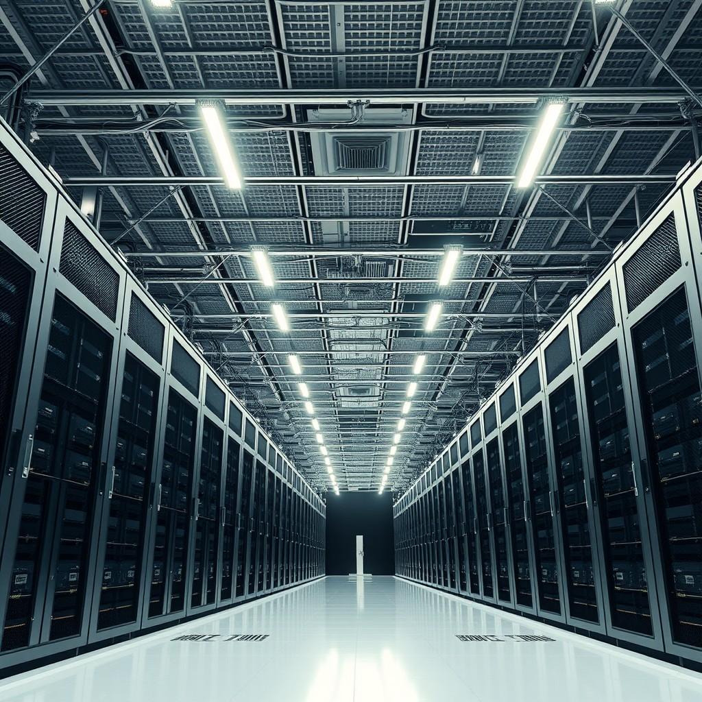 A futuristic and vast data center corridor lined with towering server racks under bright fluorescent lights.