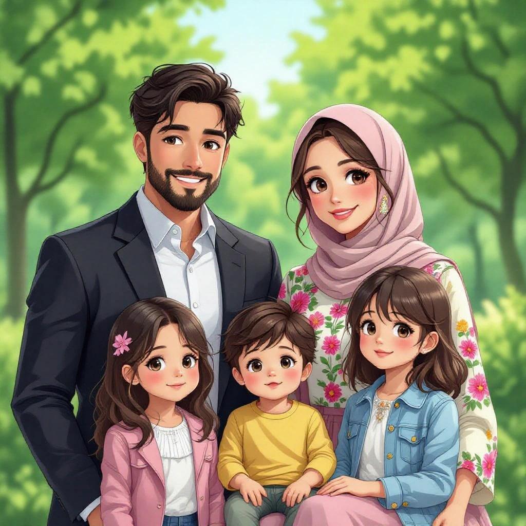 Anime illustration of a family portrait. Father in a suit with a light beard. Mother in floral pink dress and hijab. Three children: eldest daughter in a pink jacket, middle daughter in denim, baby boy in a yellow onesie. Background features green trees and flowers. Soft lighting and pastel tones.
