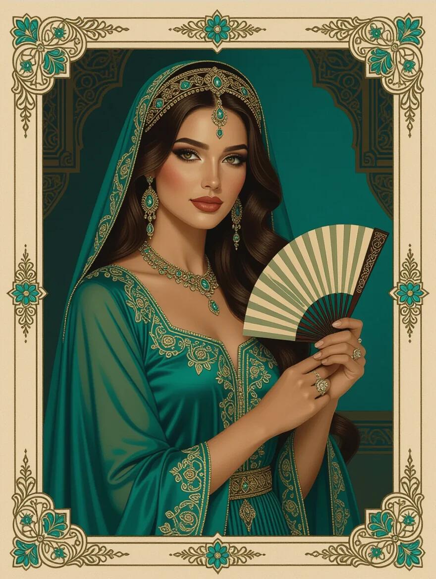 Oil portrait of a beautiful lean Moroccan woman in her 30’s. She wears ornate teal formalwear from the 1940s. She has long brown hair and an Arabian headpiece. She holds a hand fan. The background resembles a dim mansion room. The color scheme is teal. It features an art nouveau border around the image.