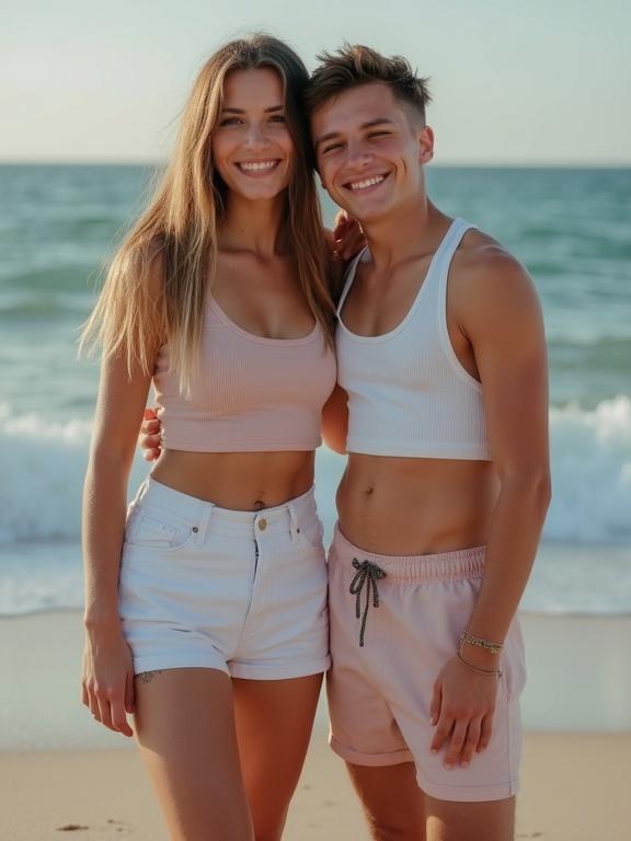 Adult sister and her kid brother stand together at the beach. The sister wearing short shorts and a crop top looks relaxed. The brother wears shorts and stands close to her. Soft ocean waves in the background enhance the joyful atmosphere. Warm sunlight casts a beautiful glow on their figures.