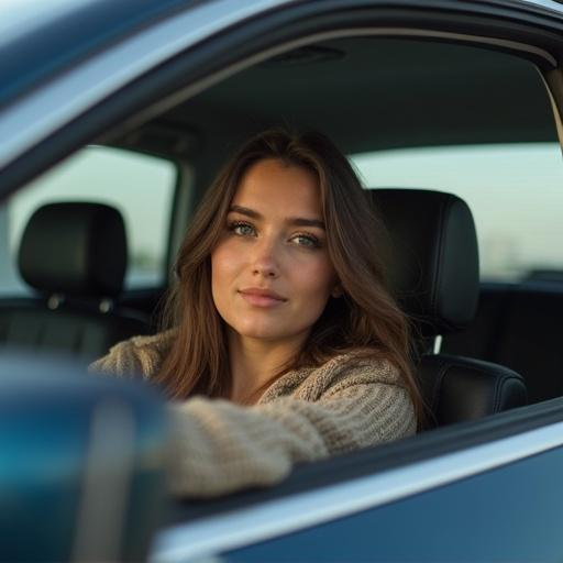 A young woman sits inside a car with a relaxed expression. She has long hair and looks towards the camera. The car has a modern interior design. Natural light brightens the scene.